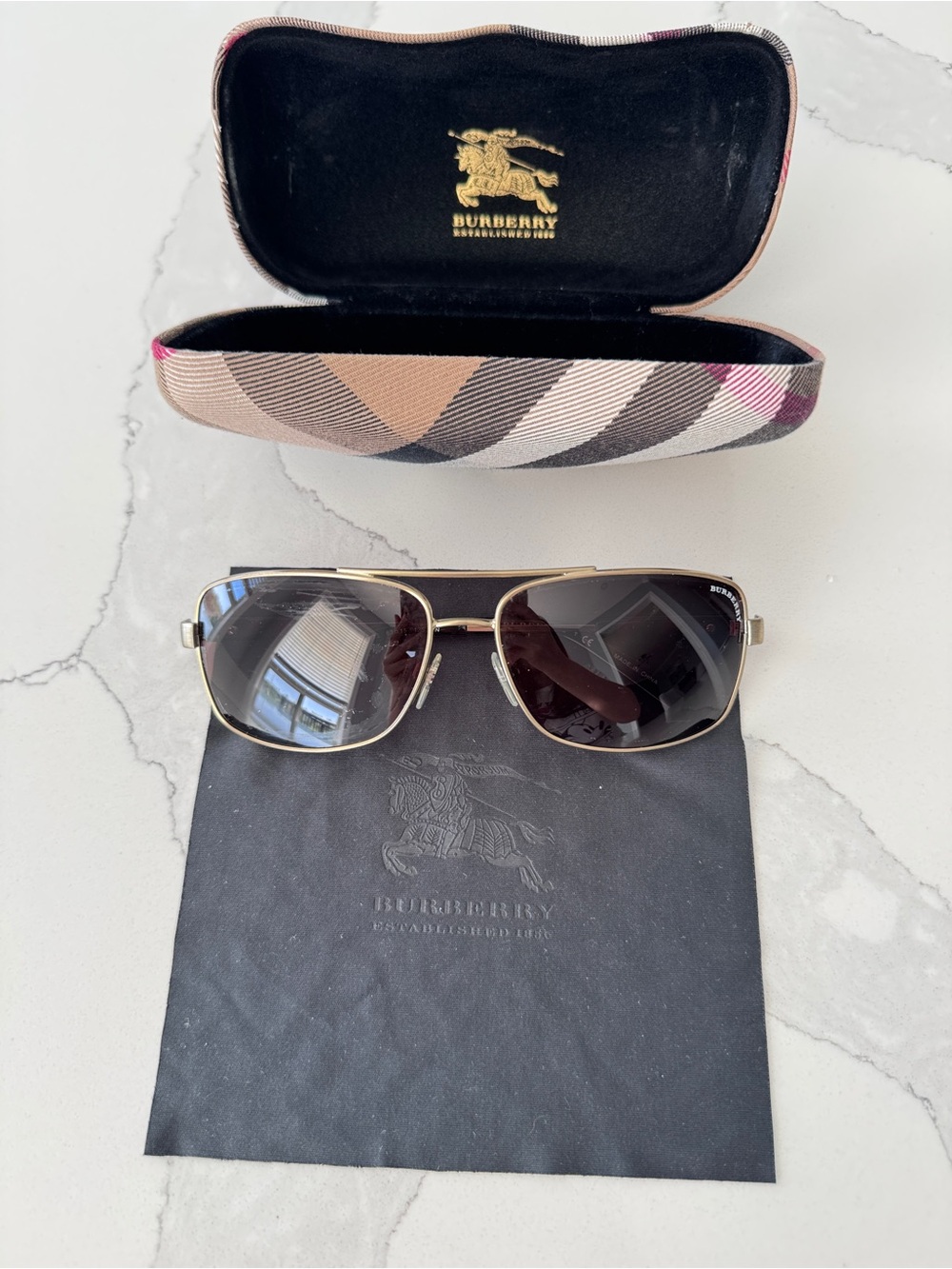 Burberry Gold Frame Sunglasses with Dark Brown Lenses and Check Case